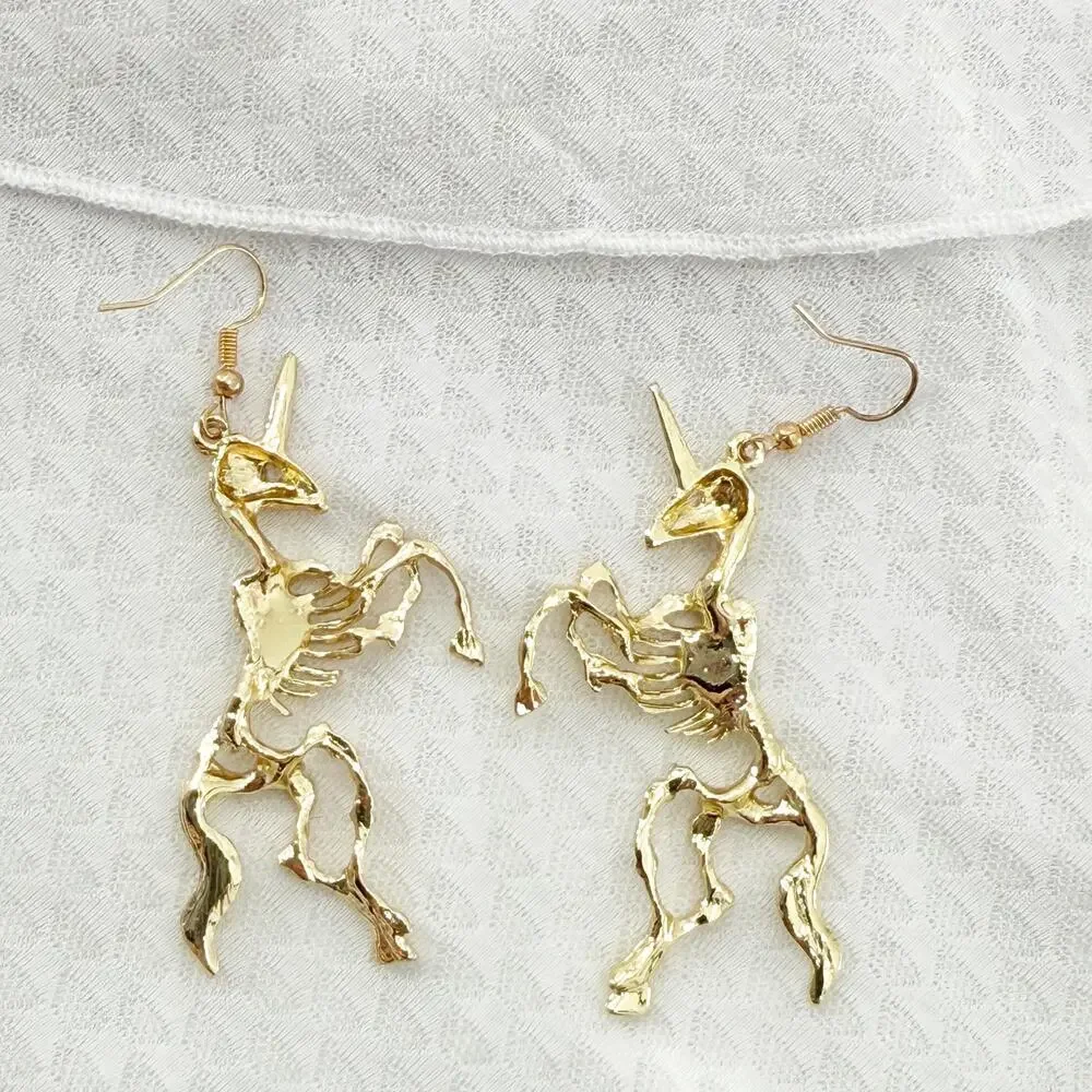 Gold Unicorn Skeleton Earrings, Magical Pony Jewelry, Gothic Jewelry